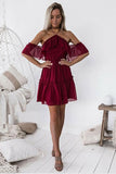 Chic Halter Backless Burgundy Chiffon Off the Shoulder Homecoming Dress with Ruffles JS678