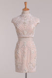 Two-Piece High Neck Homecoming Dresses Sheath Lace With Beads