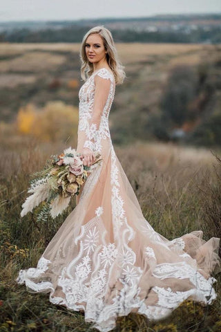 Long Sleeves Boho Wedding Dress With Appliques Mermaid SJSP22A7X4E