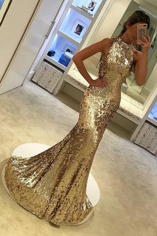New Arrival High Neck Sequins Mermaid/Trumpet Prom Dresses Sweep/Brush Train