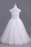 Flower Girl Dresses Short Sleeves Scoop A Line With Applique And Ribbon Tulle