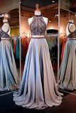 Prom Dresses High Neck Beaded Bodice A Line Chiffon Two Pieces