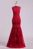 Red Straps Prom Dresses Tulle With Applique Sweep Train