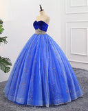 Ball Gown Sweetheart Strapless Blue Prom Dresses with Beading, Tulle Quinceanera Dresses SJS15073