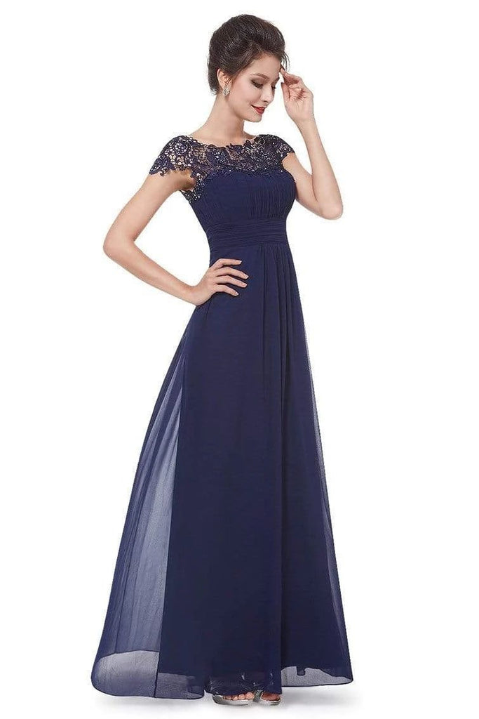 Buy Elegant Lace Cap Sleeve Chiffon Evening Gowns Open Back Bateau Long ...
