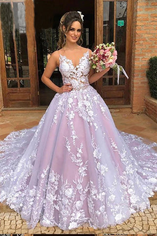 Ball Gown Spaghetti Straps V Neck Tulle Prom Dresses with Applique, Pink Wedding Dresses SJS15069