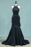 Evening Dresses Sexy Open Back Mermaid Satin Scoop With Beading
