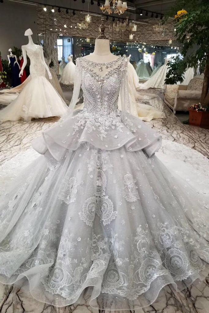 Silver Wedding Dresses Ball Gown Long Sleeves Royal Train Top Quality ...