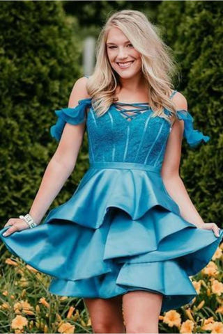 A Line Off The Shoulder Satin Tired Mini Homecoming Dresses,Short Prom Dresses