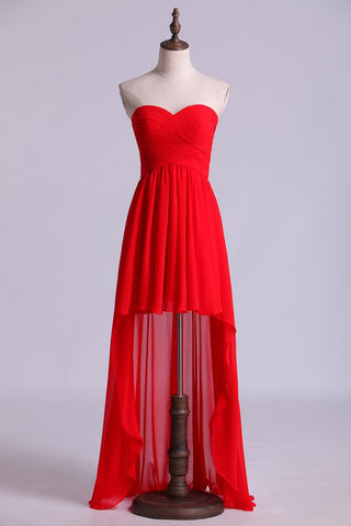 Red High Low Sweetheart A Line Pleated Bodice Flowing Chiffon Skirt