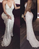 White sequin mermaid long prom dress for teens sequin evening dress JS393