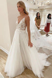 Elegant A line Spaghetti Straps V Neck Tulle Wedding Dresses, Wedding SJS15639