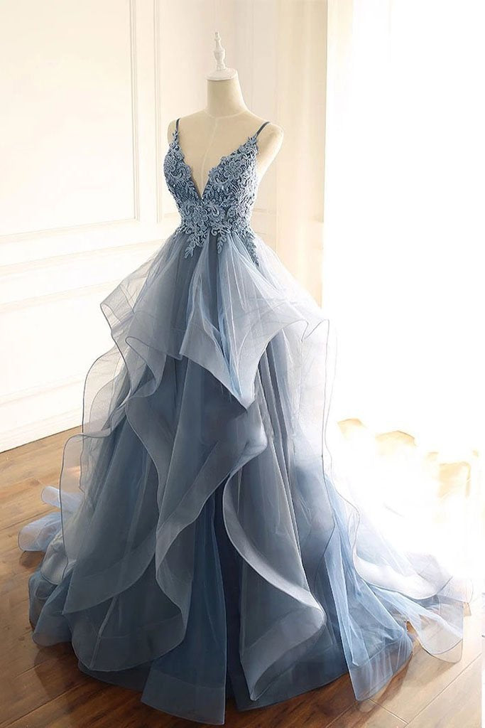 Spaghetti Straps Blue Gray Tulle V Neck Long Ruffles Prom Dresses with Lace Applique SJS15411