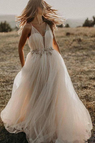 Spaghetti Straps Tulle Deep V-Neck Wedding Dresses, Romantic Bohemian Beach Bridal Dress SJS15421