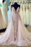 Spaghetti Straps Beads Appliques Deep V Neck Pink Prom Dresses with Detachable Train SJS15408