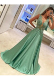 Scoop Prom Dresses A Line Satin With Applique And Beads