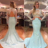Pretty Two Pieces High Neck Long Sleeve Lace Prom Dress Sexy Mermaid Prom Dresses JS682