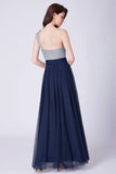 Flowy One Shoulder Navy Blue Tulle Long Prom Dresses, Cheap Formal Dresses SJS15232