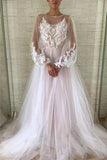 Jewel See Through Long Sleeve Ivory Lace Appliques Prom Dresses, Wedding Dresses SJS15520