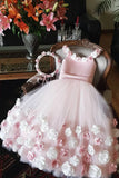 A Line Round Neck Pink Hand Made Flowers Flower Girl Dresses Tulle Wedding Party Dresses SJS15019