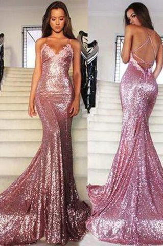 Rose Gold Sequin Mermaid Long Spaghetti Strap Sexy Backless Dresses For Prom JS133