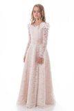 Lace Flower Girl Dresses A Line Boat Neck Long Sleeves With Beads