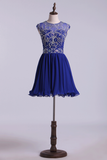 Scoop A Line Dark Royal Blue Homecoming Dresses Beaded Bodice Tulle&Chiffon Short