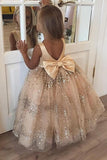 Princess Ball Gown Champagne Sequins Bowknot V Back Flower Girl Dresses SJS15291
