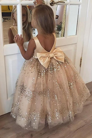 Princess Ball Gown Champagne Sequins Bowknot V Back Flower Girl Dresses SJS15291