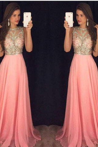 A-Line Round Neck Lace Chiffon Ball Gown Beading Evening Dress