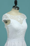 A Line Wedding Dresses Sexy Open Back Scoop Cap Sleeves Elastic Satin & Lace