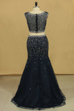 Two Pieces Scoop Mermaid Beaded Bodice Prom Dresses Floor Length Tulle
