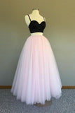 A Line Two Pieces Spaghetti Straps Black And Pink Prom Dresses, Formal SJS20386