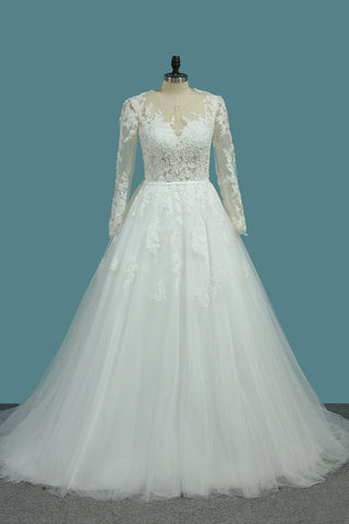 Long Sleeves Scoop Tulle A Line Wedding Dresses With Applique Court Train