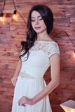 Lace Romantic White Chiffon A-Line Floor-Length Bateau Short Sleeve Wedding Dress JS413