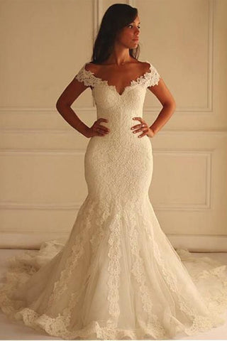 Off The Shoulder Tulle With Applique Court Train Mermaid Wedding Dresses