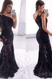 Sexy Black Lace Prom Dresses One Shoulder Mermaid Zipper Up