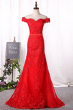 Red Mermaid Prom Dresses Off The Shoulder Tulle With Applique Covered Button