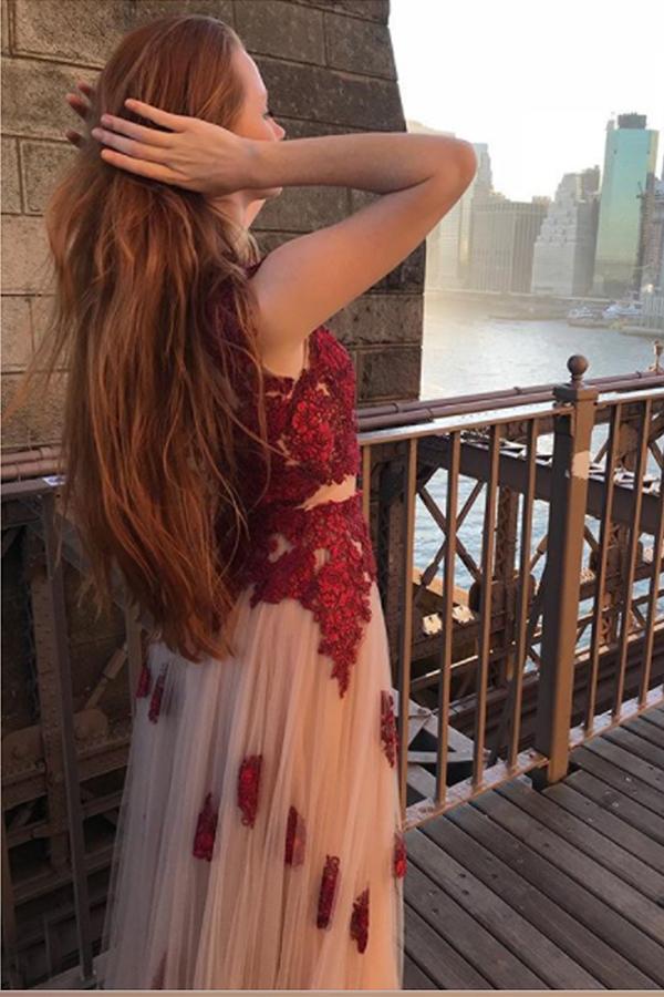 A-Line Two pieces Red Lace Tulle High Neck Cap Sleeve Applique Junior Elegant Prom Dresses JS241