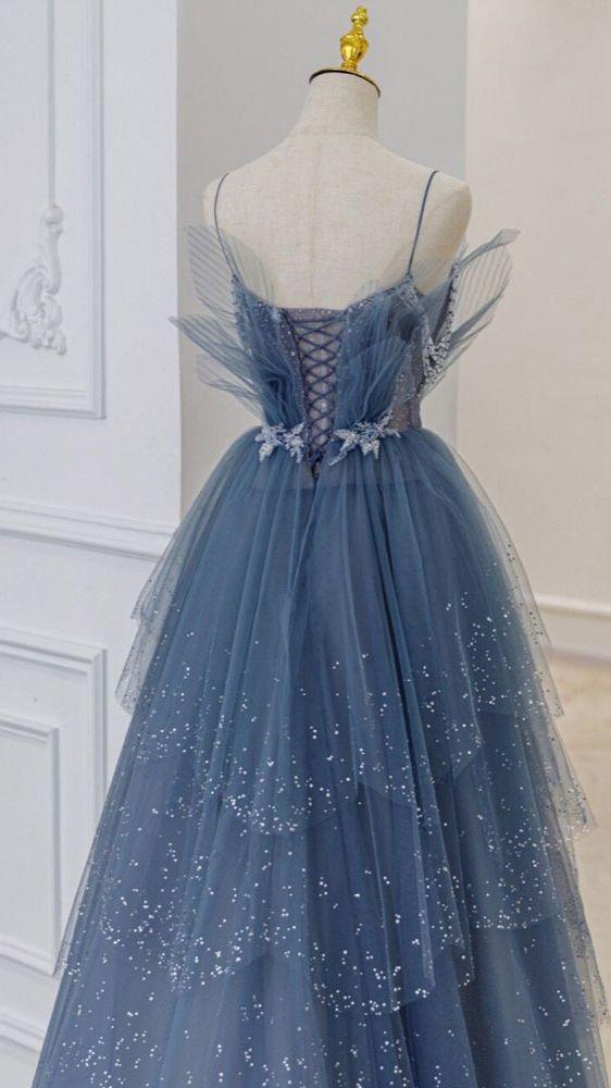 A Line Spaghetti Straps Evening Party Dresses Blue Tulle Long Prom Dresses