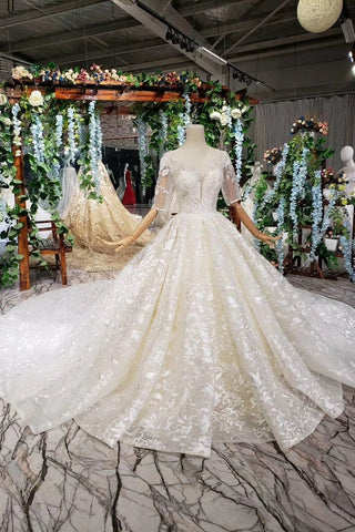Ball Gown Wedding Dresses Scoop Half Sleeves Appliques 2 Meter Train