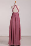Halter Ruched Bodice Bridesmaid Dresses A Line Chiffon Floor Length
