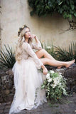 Princess Long Sleeve Lace Top Beach Wedding Dresses With Slit Tulle Ivory Wedding Gowns SJS15299