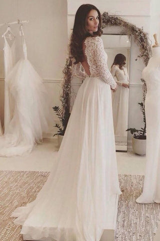 Sexy Open Back Scoop Long Sleeves Wedding Dresses A Line Chiffon & Lace