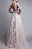 A-Line/Princess V-Neck Floor-Length Tulle Sleeveless Applique Evening Dresses