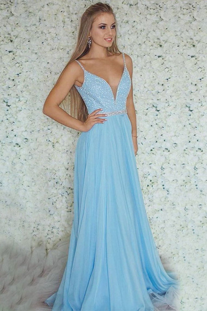 Spaghetti Straps Light Blue V-Neck Beading Long A-Line Prom Dresses Prom Gowns