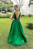 Elegant A Line Green Sexy V Neck Long Satin Backless Prom Dresses, Evening Dresses SJS15509