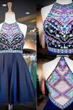 Navy Chiffon Halter Neck Beaded Sequins Crystals Cheap Homecoming Gowns with Illusion Back JS922