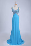 Straps Prom Dresses Open Back Sheath/Column With Beading