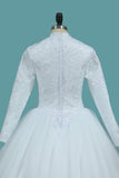 A Line Tulle Long Sleeves High Neck Wedding Dresses With Applique Sweep Train